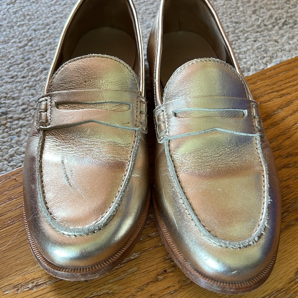 J. Crew gold leather penny loafers made in India size 7 lots of life left